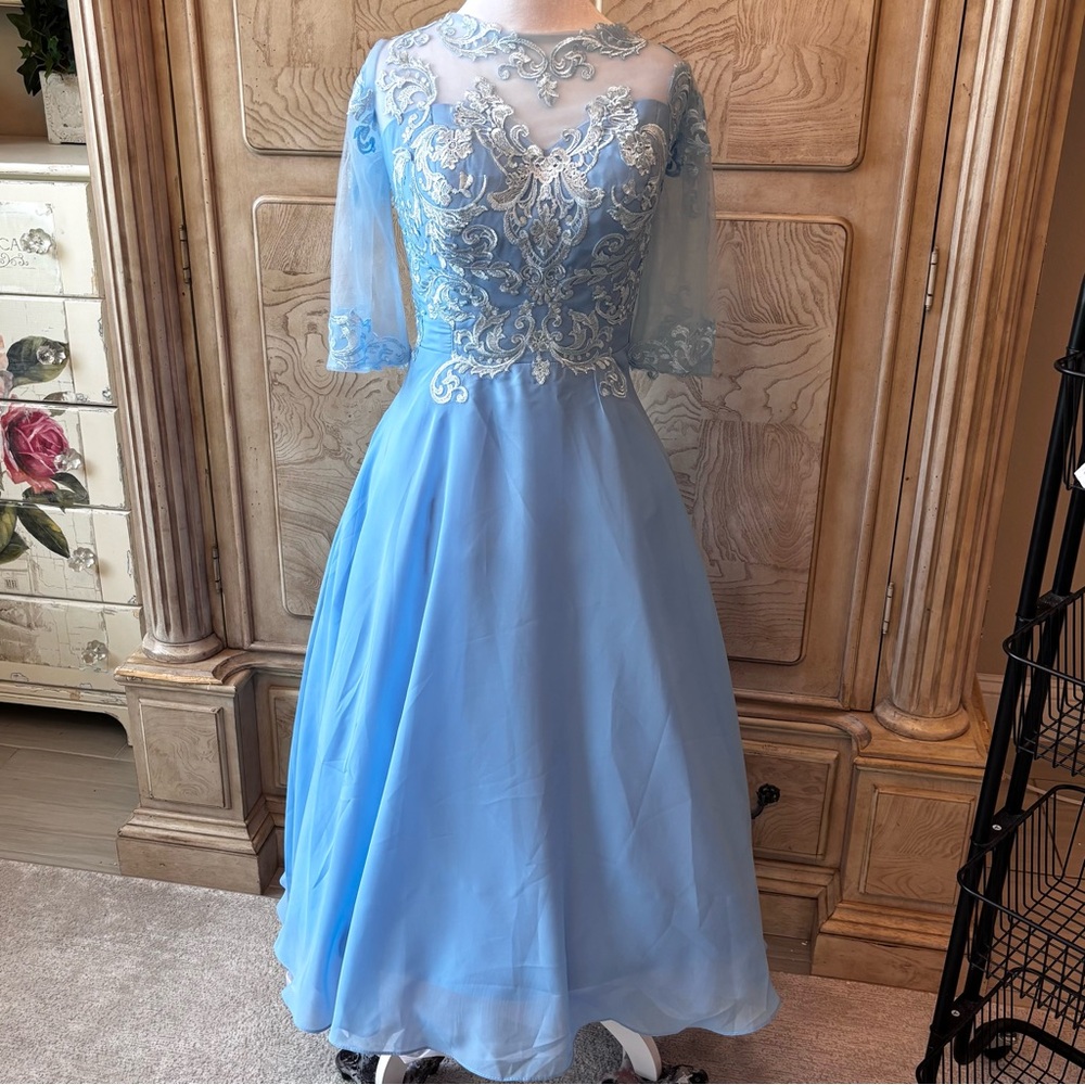 NEW, Blue Dress, Mother of the Bride, Gender Reveal, Chiffon, NWOT, Size L/14 - Picture 4 of 13